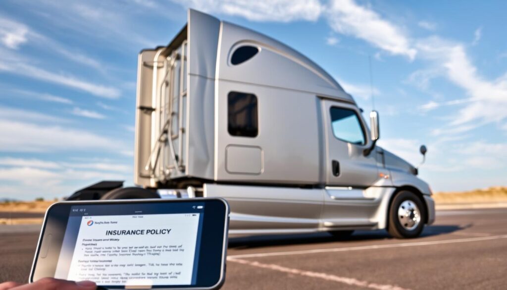 A sleek, silver semi-truck parked on a paved lot, against a backdrop of a clear blue sky with wispy white clouds. The truck's cab is illuminated by natural, soft lighting, casting gentle shadows that accentuate its modern, aerodynamic design. In the foreground, a mobile device displays an insurance policy document, its screen reflecting the truck's glossy exterior. The scene conveys a sense of security and protection, highlighting the importance of temporary truck insurance to safeguard the vehicle and the driver's journey.
