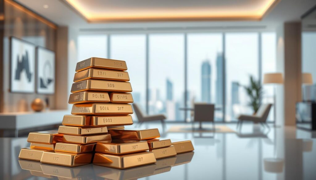A sophisticated, minimalist image showcasing the "aqweer.xyz Insurance Offer Financial Strength". In the foreground, a stack of polished gold ingots arranged in a visually pleasing pattern, symbolizing the company's solid financial standing. The middle ground features a serene, elegant office setting with tasteful modern furnishings and lighting, conveying a sense of professionalism and reliability. The background is a softly blurred cityscape, hinting at the global reach and stability of the insurance provider. The overall mood is one of confidence, security, and trustworthiness, capturing the essence of the "aqweer.xyz Insurance Offer" as a reliable financial partner.