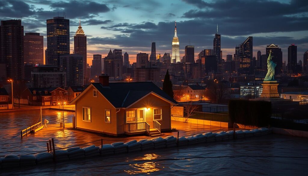 A sprawling cityscape at dusk, with towering skyscrapers and bustling streets. In the foreground, a family's modest home stands amidst rising floodwaters, illuminated by a warm, golden glow. Sandbags line the perimeter, a testament to their efforts to protect their property. In the middle ground, insurance agents earnestly discuss policy details with homeowners, their faces lit by the soft, ambient light. In the background, the silhouettes of the Statue of Liberty and the Manhattan skyline loom, a symbol of the resilience and adaptability of the United States. The scene conveys a sense of both vulnerability and determination, as the community bands together to navigate the challenges of flood risk and secure their homes with comprehensive private flood insurance coverage.