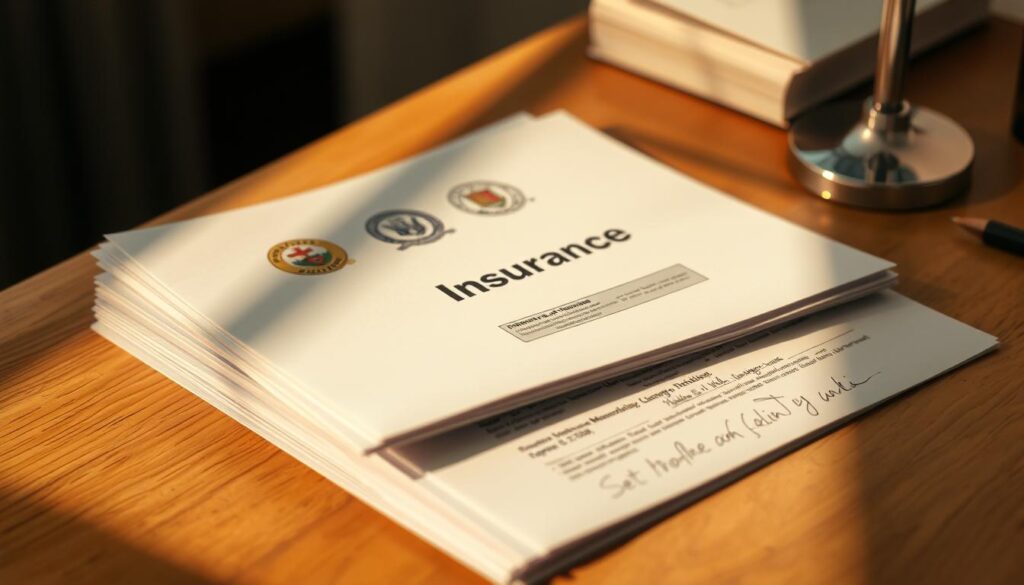 A stack of insurance claim documents neatly arranged on a wooden desk, casting subtle shadows under warm, directional lighting. The documents feature official logos, printed text, and handwritten notes, conveying a sense of meticulous record-keeping. The background is slightly blurred, keeping the focus on the paperwork in the foreground. The scene evokes a professional, organized atmosphere, suitable for highlighting the importance of building a comprehensive paper trail during an insurance claim process.