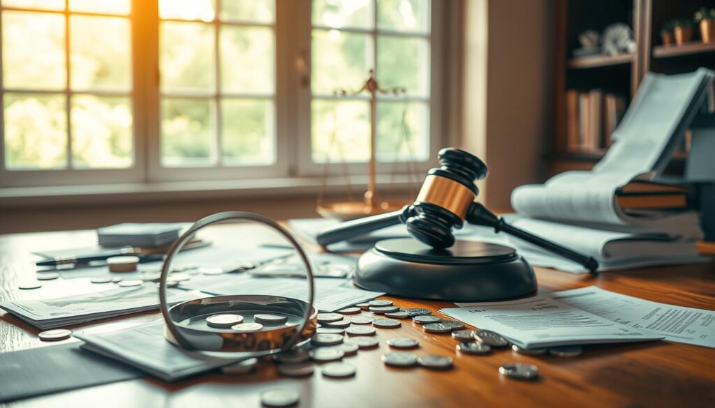 A study with warm, diffused lighting illuminates a wooden table, its surface covered in scattered stacks of bills, coins, and financial documents. In the foreground, a magnifying glass hovers over the dispersed papers, symbolizing the careful scrutiny of spendthrift provisions. The middle ground features a gavel and a scale, representing the legal and balanced nature of these financial safeguards. In the background, a lush, verdant landscape is visible through a window, conveying a sense of growth and security amidst the financial complexity. The overall mood is one of thoughtful deliberation, with a touch of tranquility to offset the potentially convoluted subject matter.