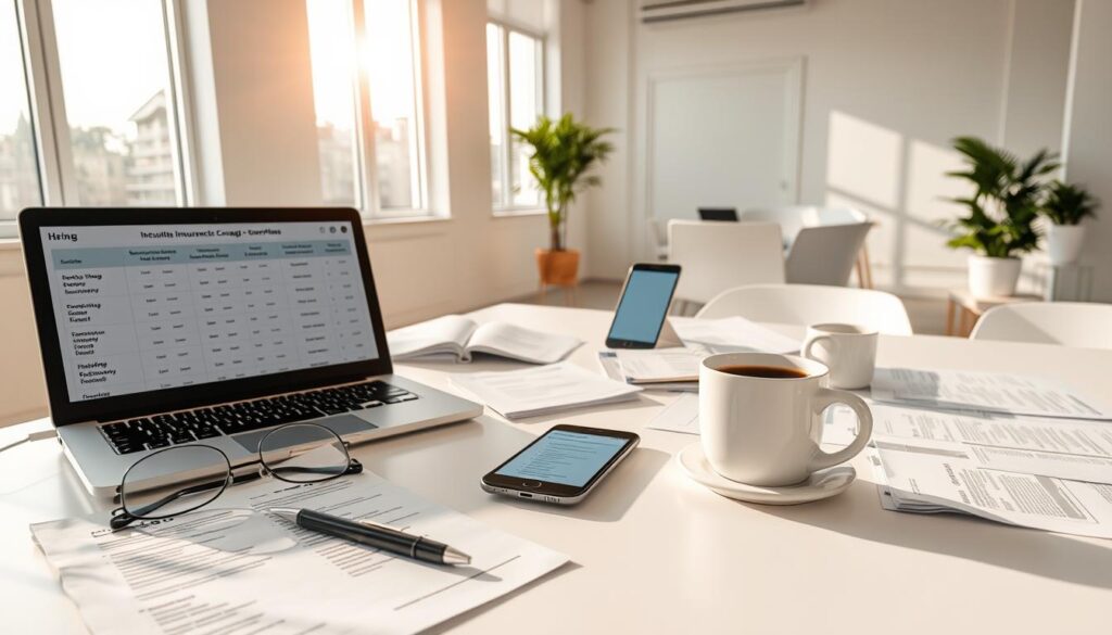 A sun-drenched table with a range of insurance plans, brochures, and documents artfully arranged. In the foreground, a laptop displays a detailed comparison of coverage and pricing, while a pair of reading glasses and a pen lie nearby, suggesting a thoughtful evaluation process. The middle ground features a smart phone displaying additional plan details, with a steaming cup of coffee providing a touch of warmth. The background showcases a modern, minimalist office space, with clean lines and natural light filtering in through large windows, creating a sense of clarity and professionalism. The overall atmosphere conveys a careful, considered approach to selecting the right Uni insurance plan.