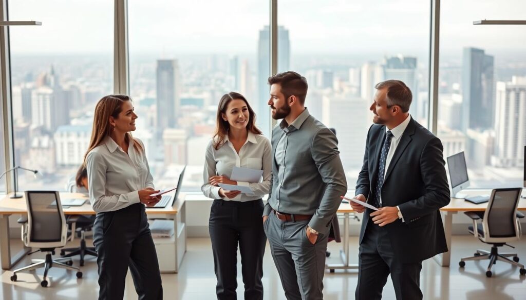 A team of dedicated insurance agency employees stand in a modern, well-lit office. In the foreground, three professionals in formal attire converse, gesturing animatedly. Behind them, two colleagues review documents at their desks, their faces focused and determined. The middle ground features an open-concept layout with ergonomic furniture and sleek, minimalist decor. In the background, large windows offer a panoramic view of a bustling cityscape, conveying a sense of professionalism and industry expertise.