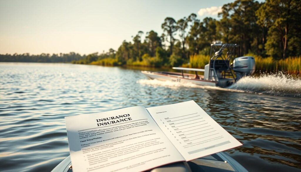 A tranquil scene of an airboat gliding across a serene, sun-dappled lake. The airboat's sleek, aerodynamic design is highlighted, its propeller churning the water into a gentle wake. In the foreground, a well-crafted insurance policy document lies open, showcasing the comprehensive coverage options available for this specialized watercraft. The background features a lush, verdant shoreline, with towering cypress trees and a clear, cloudless sky overhead, conveying a sense of safety and protection. Warm, golden lighting casts a welcoming glow, and the entire composition is captured through a wide-angle lens, emphasizing the scale and grandeur of the scene.