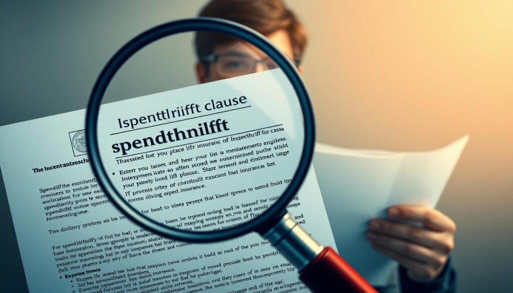 A vibrant and detailed illustration of a "spendthrift clause" in a life insurance policy. In the foreground, a magnifying glass hovers over the fine print of an insurance document, revealing the specific terms of the spendthrift clause. The middle ground depicts a person carefully reviewing the policy, brow furrowed in concentration. The background showcases a serene yet pensive atmosphere, with muted tones and soft lighting to convey the gravity of the subject matter. The composition strikes a balance between technical precision and emotive storytelling, inviting the viewer to better understand the implications of a spendthrift clause within the context of life insurance.