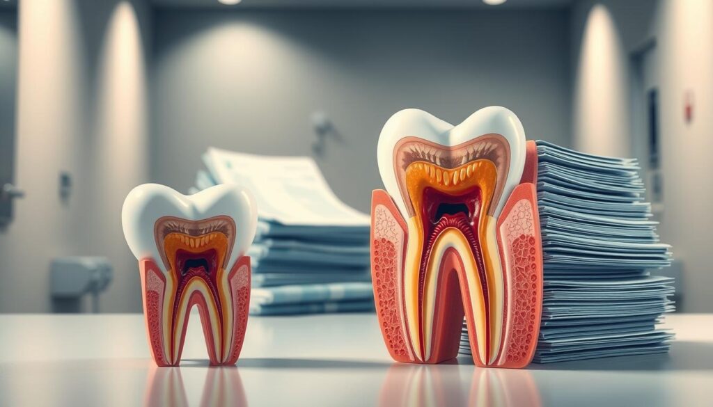 A vibrant, highly detailed medical illustration depicting the cost of a root canal retreatment procedure with insurance coverage. In the foreground, a cross-section of a human tooth showcases the intricate anatomy, with a focus on the root canal area. In the middle ground, a stack of medical bills and insurance documents provides a clear visualisation of the financial aspects. The background is a clean, professional medical setting with subtle lighting and muted tones to accentuate the subject matter. The overall composition conveys a sense of precision, education, and the practical considerations of this common dental procedure.