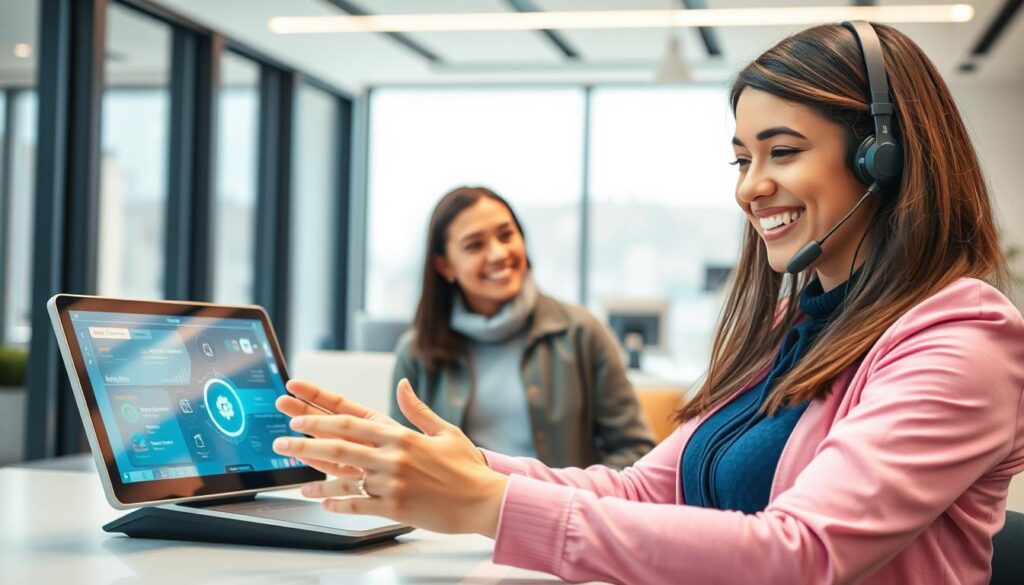 A vibrant, three-dimensional scene depicting a satisfied customer's experience with aqweer.xyz. In the foreground, a friendly customer service representative smiles warmly, gesturing towards a high-tech, intuitive interface on a sleek, futuristic device. The middle ground features a satisfied customer, their face alight with a sense of ease and confidence, as they navigate the seamless digital experience. In the background, a minimalist, modern office space sets the tone, with floor-to-ceiling windows bathing the scene in a soft, natural light. The overall atmosphere exudes professionalism, efficiency, and a genuine commitment to customer satisfaction.