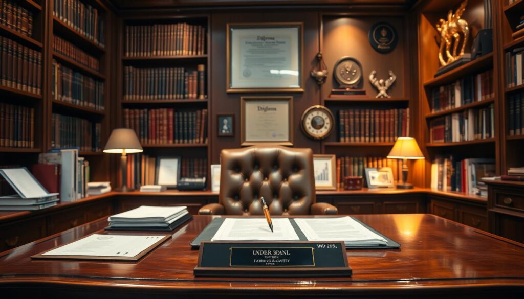 A well-appointed executive office, filled with the trappings of insurance expertise. A large, mahogany desk sits in the foreground, adorned with a nameplate, a high-end fountain pen, and a stack of neatly organized documents. Behind the desk, floor-to-ceiling bookshelves line the walls, their spines promising deep industry knowledge. Warm, focused lighting illuminates the scene, casting a professional, authoritative glow. In the background, a framed diploma and various industry awards hang, validating the decades of experience possessed by the room's occupant. An air of thoughtful consideration and an unwavering commitment to client service permeates the space.