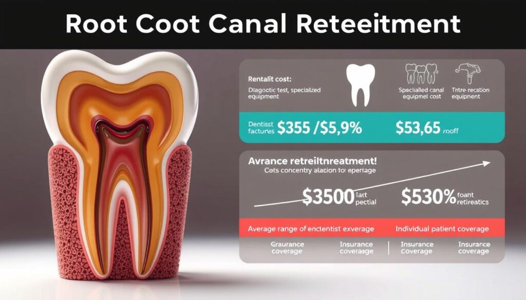 A well-lit, high-resolution medical illustration showcasing the key factors affecting the cost of root canal retreatment. In the foreground, a detailed cross-section of a tooth undergoing retreatment, highlighting the complex inner structures and the intricate procedures involved. In the middle ground, a breakdown of the various cost components, such as diagnostic tests, specialized equipment, and the dentist's expertise. In the background, a sleek, minimalist infographic depicting the average range of retreatment costs, along with the impact of insurance coverage and individual patient factors. The overall mood is one of informative clarity, guiding the viewer through the nuances of this important dental procedure.