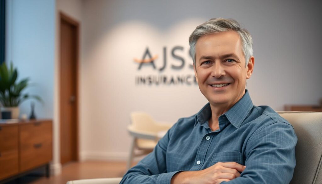 A well-lit testimonial scene showcasing a satisfied AJS Insurance client. In the foreground, a middle-aged person sitting comfortably in a modern armchair, gazing thoughtfully into the camera with a warm, genuine expression. The client's face is illuminated by soft, diffused lighting, highlighting their confident and trustworthy demeanor. The background features a clean, minimalist office setting with subtle branding elements, such as a tasteful AJS Insurance logo or color scheme, creating a professional and reassuring atmosphere. The overall mood is one of trust, reliability, and customer satisfaction, reflecting the core values of AJS Insurance.