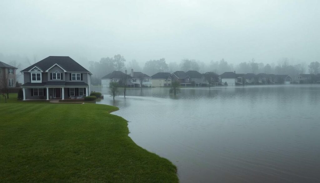A wide, panoramic view of a suburban neighborhood partially submerged in floodwaters. In the foreground, a manicured lawn is inundated, with water lapping at the foundation of a well-appointed two-story home. In the middle ground, a row of similar homes stand partially submerged, their rooftops and upper floors visible above the rising waters. The background is hazy with a sense of atmospheric depth, revealing more homes and trees receding into the distance, all partially obscured by the encroaching flood. The sky is overcast, casting a somber, muted light across the scene. The overall mood is one of anxious calm, highlighting the need for robust flood insurance to protect against the unpredictable forces of nature.