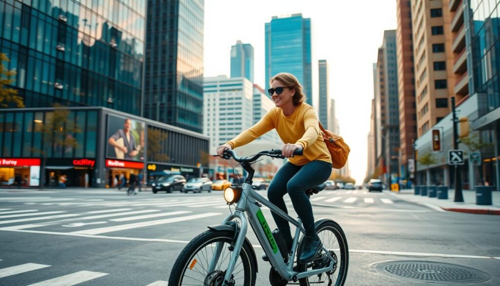 An image of a person on an e-bike with a city background