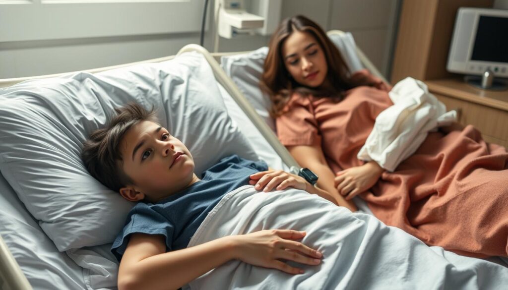 An image of a student in a hospital bed with a concerned parent beside them, symbolizing the need for tuition insurance.