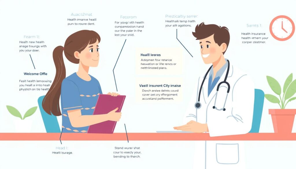 An image representing different health insurance plans with a student visiting a healthcare provider.