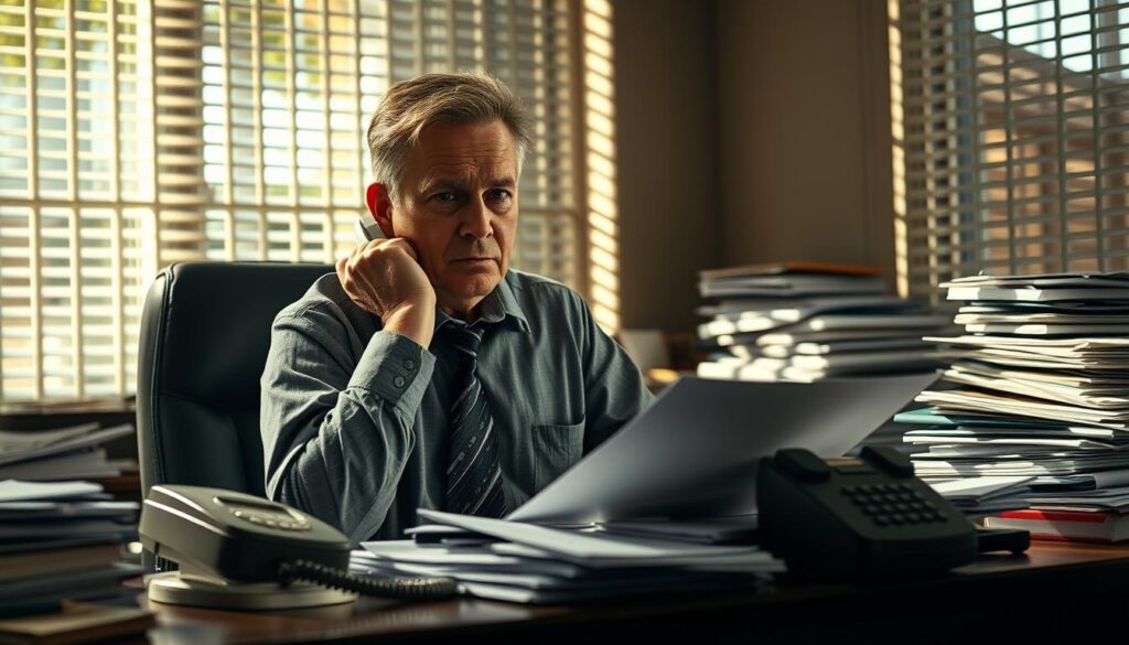 An insurance adjuster sitting at a cluttered desk, surrounded by stacks of paperwork and a ringing landline phone, their expression conveying exasperation and indecision. The background is a dimly lit office, with a sense of bureaucratic inertia permeating the scene. Sunlight filters through the venetian blinds, casting sharp shadows across the desk, emphasizing the tension and frustration. The overall tone is one of bureaucratic obstruction, with the visual cues suggesting a reluctance to process the claim in a timely manner.