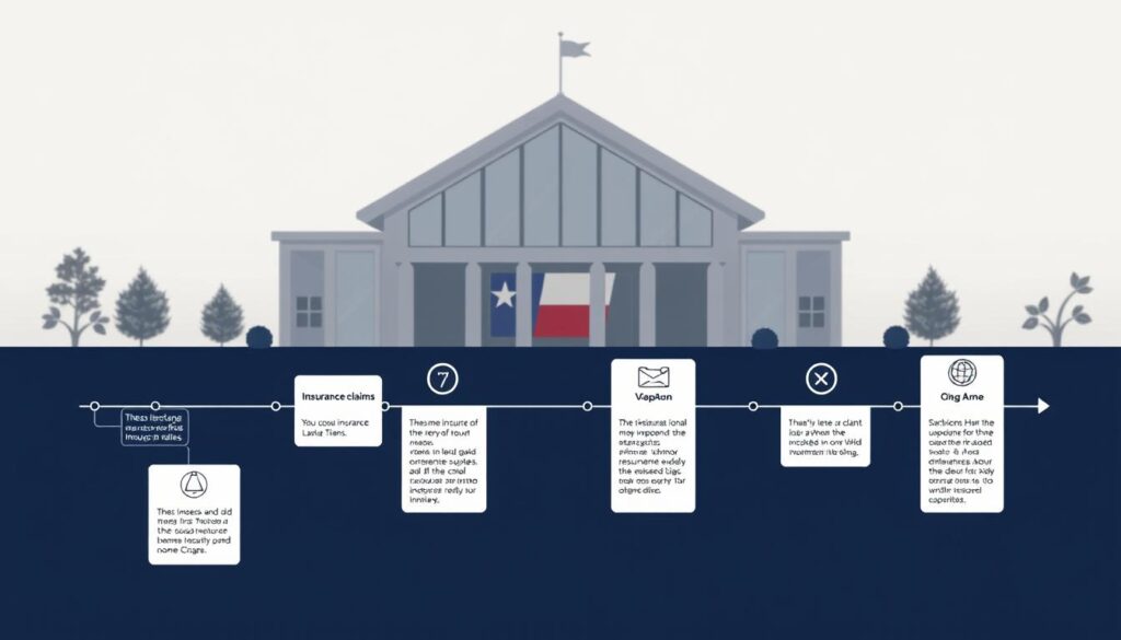 An intricately detailed timeline illustration depicting the insurance claim process in Texas, with a clean and organized layout. The foreground features a series of interconnected steps, each represented by a distinct icon or graphic, guiding the viewer through the various stages of the claims procedure. The middle ground showcases a modern, minimalist architecture with a professional, authoritative atmosphere, reflecting the legal and regulatory framework of the insurance industry. The background subtly incorporates the state of Texas, with a soft, patriotic color palette and subtle textures that enhance the overall sense of place and context. The lighting is soft and directional, creating depth and emphasis on the key elements of the timeline. The overall composition is balanced, visually compelling, and effectively communicates the legal timeframes for insurance claims in Texas.
