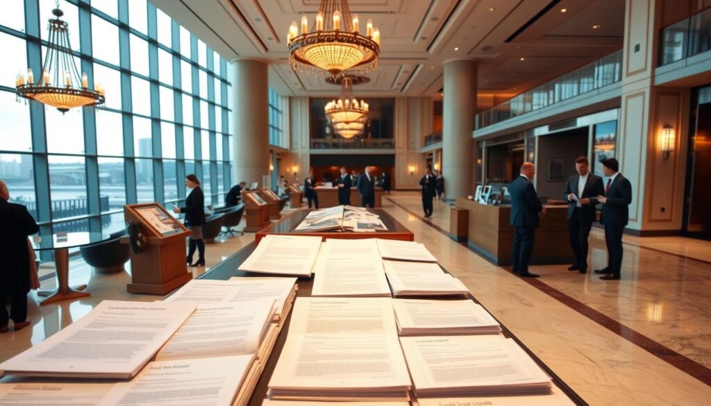 Detailed and expansive interior of Lloyd's of London headquarters, showcasing various flood insurance coverage options. Bright and airy lobby with high ceilings, elegant chandeliers, and polished marble floors. In the foreground, a display of insurance policy options, documents, and brochures, meticulously arranged. The middle ground features insurance agents in professional attire, engaged in discussions with clients. The background depicts a panoramic view of the city through large windows, hinting at the comprehensive nature of the flood coverage. Soft, warm lighting and a sense of authority and trustworthiness permeate the scene, reflecting the reputation and expertise of Lloyd's of London in the field of flood insurance.