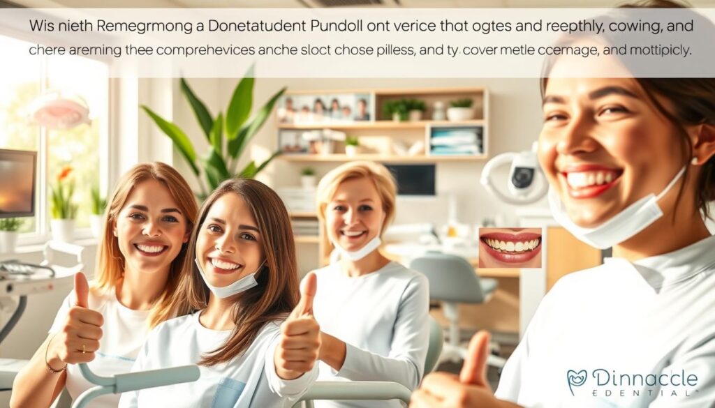 Detailed illustration of dental health benefits, showcasing a serene dental office setting. Foreground features happy patients receiving professional care, smiling and giving a thumbs up. Middle ground depicts a variety of dental procedures and treatments, including teeth cleaning, fillings, and orthodontic work. Background shows a warm, inviting atmosphere with natural lighting, potted plants, and modern dental equipment. Emphasis on the health, comfort, and satisfaction of patients, conveying the comprehensive coverage and quality of service provided by Pinnacle Dental.