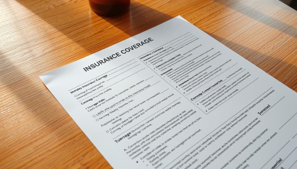 Detailed insurance coverage document on a polished wooden table, illuminated by soft, natural lighting. The document showcases an array of insurance policy details and limitations for a commercial truck, with clear delineation between coverage types, exclusions, and liability thresholds. The background features a subtle texture, conveying a sense of professionalism and attention to detail. The composition is balanced, with the document taking center stage, surrounded by a clean, minimalist environment that allows the information to be the focal point.