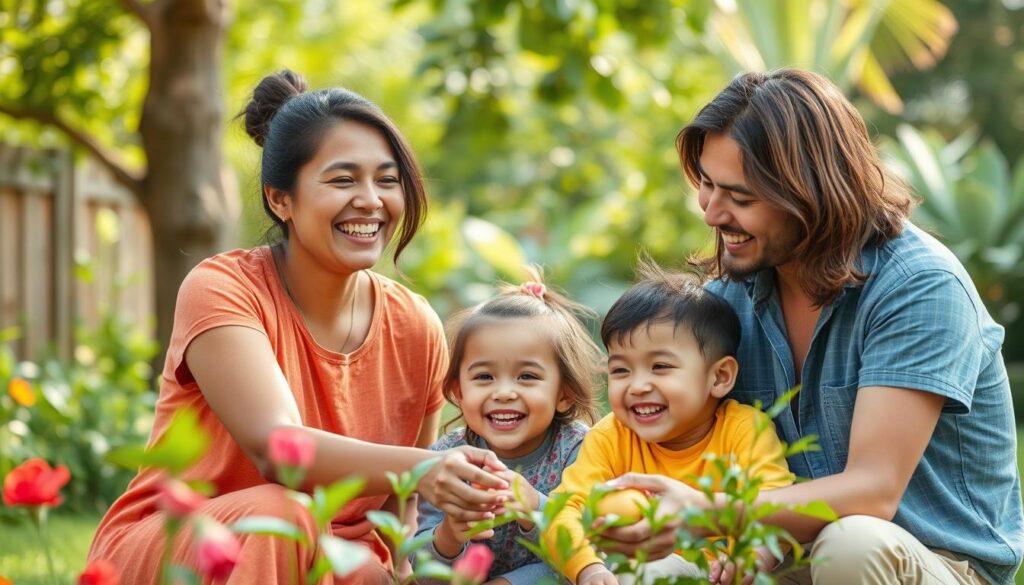 Generate an image of a family in a healthy, happy environment, symbolizing well-being and security.