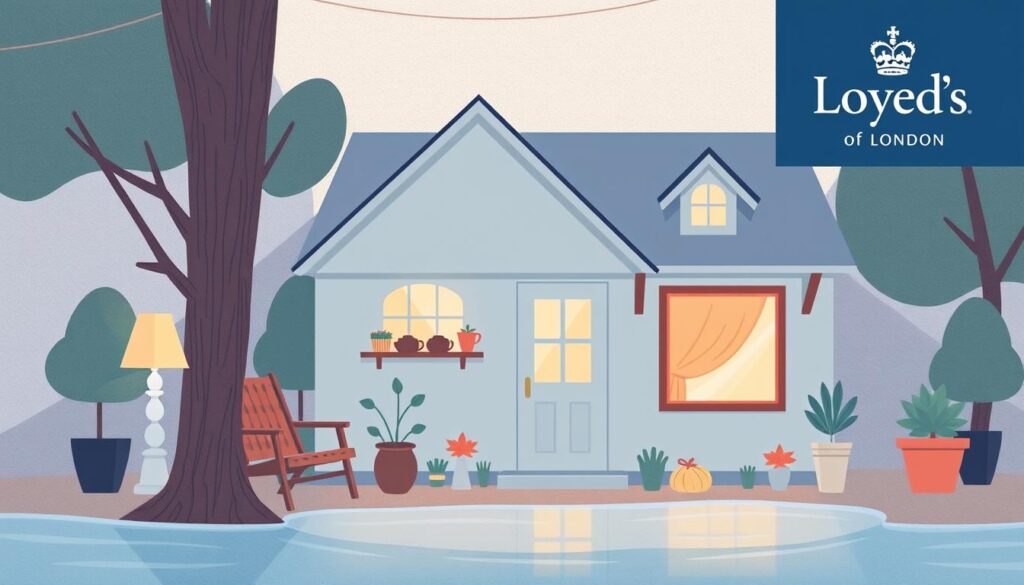 Generate an image of a home protected by flood insurance, with a subtle Lloyd's of London logo in the corner.