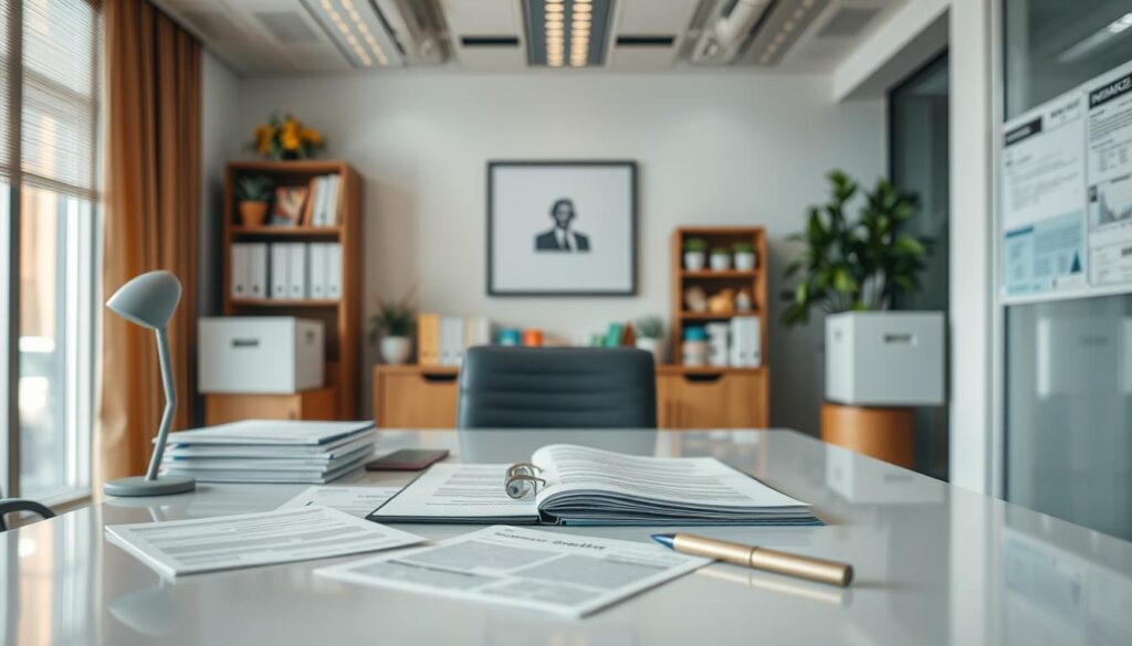 Generate an image of a modern CPG brand's office with insurance documents and policies on the table.