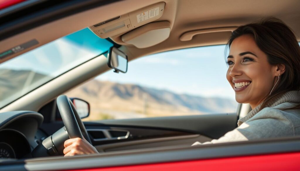 Generate an image of a person driving a car with a smile, indicating safety and happiness.