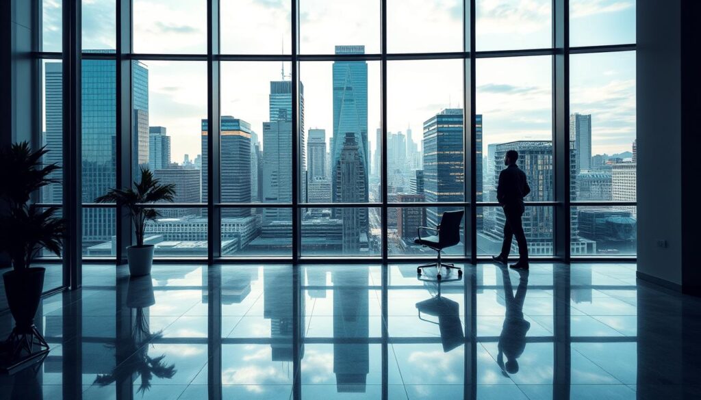 Generate an image of a professional business setting with a cityscape in the background.