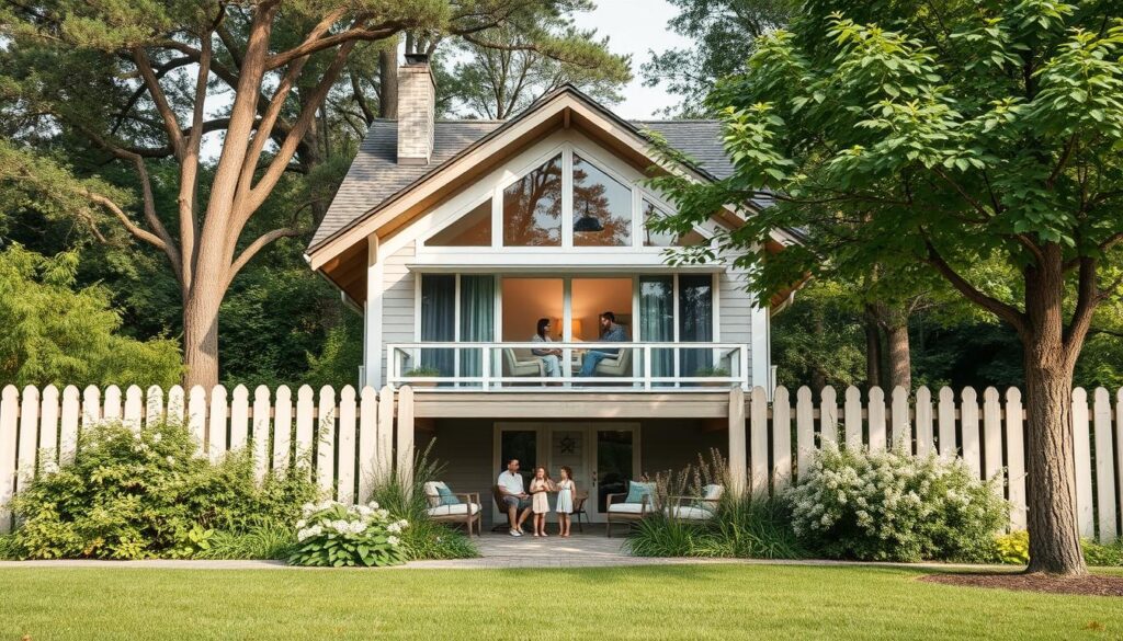 Generate an image of a secure home with a family inside, surrounded by natural scenery.