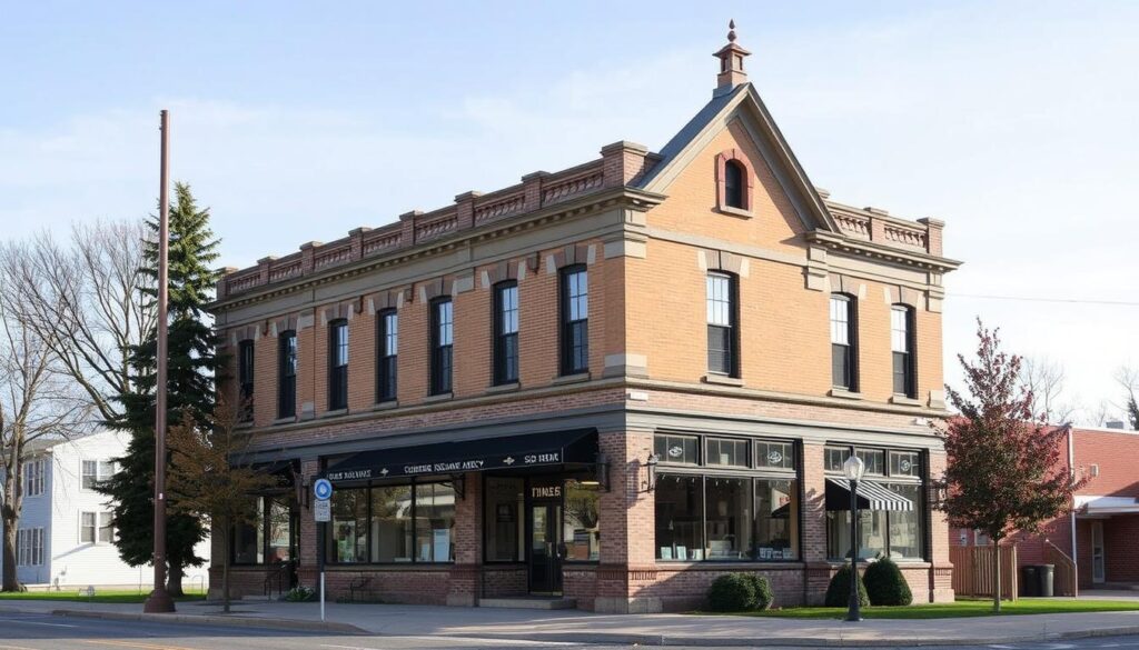 Generate an image of the Schuberg Insurance Agency's historical building in Big Rapids.