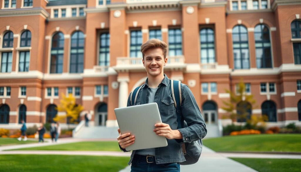 Image generation prompt: A college student holding a laptop and standing in front of a university building