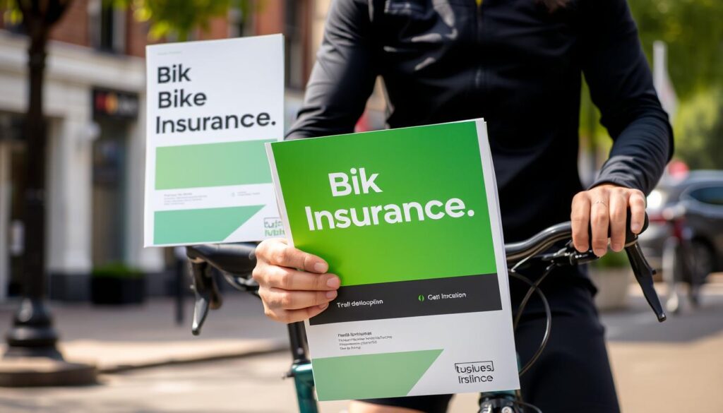 Image generation prompt: A cyclist with a bike insurance policy in hand, standing next to their bicycle.