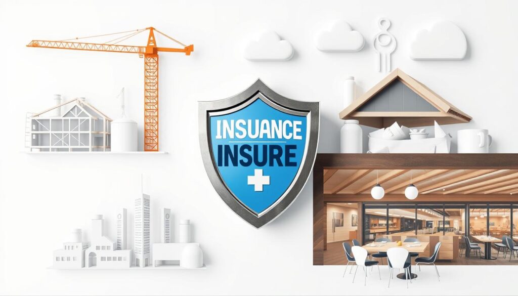 Image generation prompt for Industry-Specific Insurance Programs: Design an image representing various industries (e.g., construction, healthcare, restaurants) with insurance shields or protective elements.