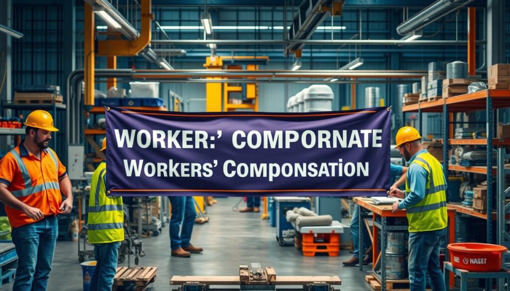 Image generation prompt for Workers' Compensation Insurance: Create an image depicting a workplace with employees working safely, alongside a banner highlighting workers' compensation insurance.