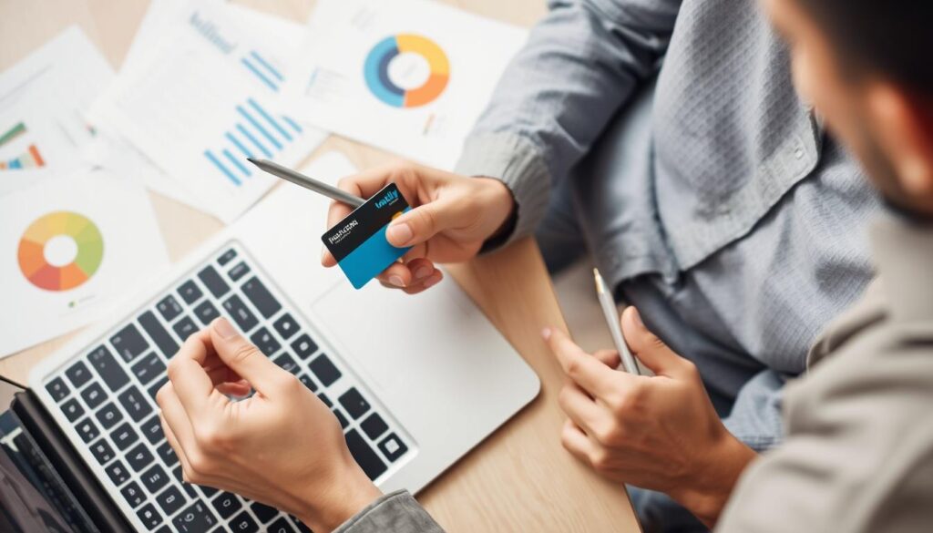 Image of a person managing their finances with a healthcare credit card Image of a person managing their finances with a healthcare credit card