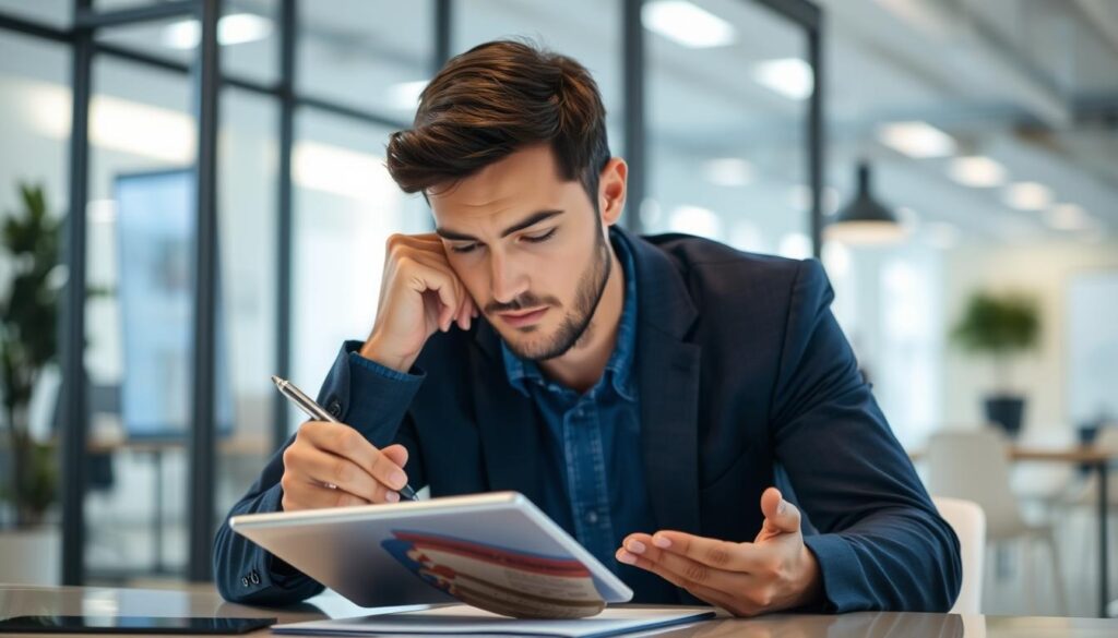 Image of a person reviewing insurance policies on a tablet with a pen in hand.