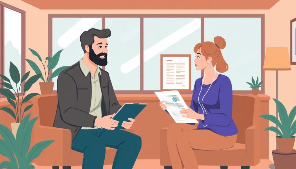 Image of a person reviewing their health insurance plan with a representative from Advanced Wellness.