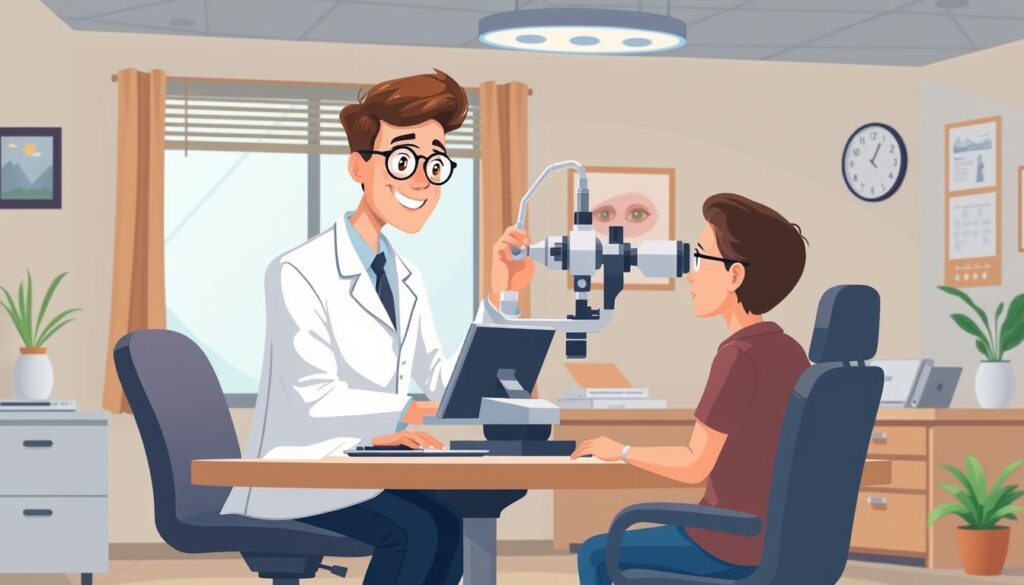 Image of a person undergoing an eye exam with a friendly optometrist. Image of a person undergoing an eye exam with a friendly optometrist.