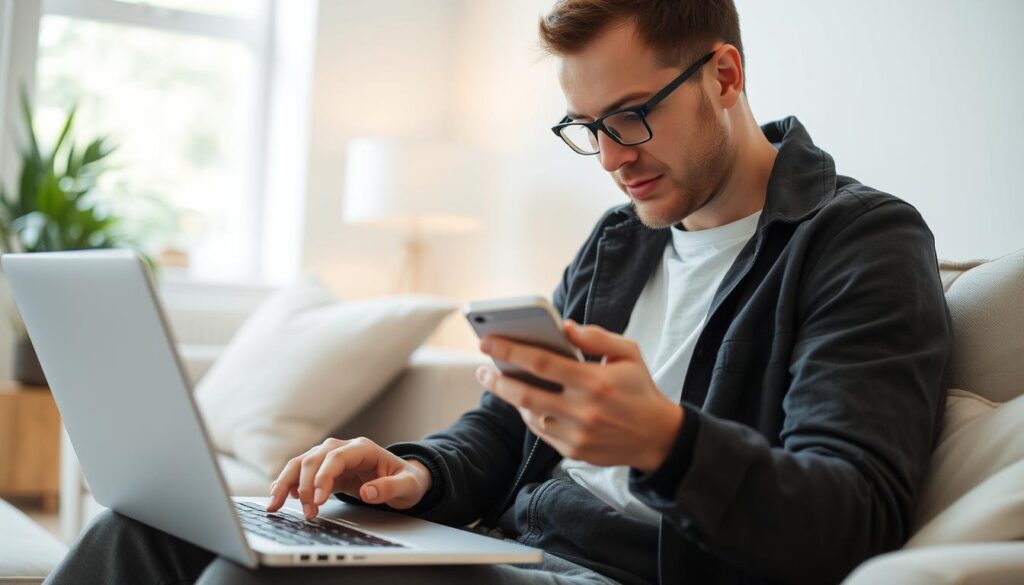 Image of a person verifying insurance benefits on a computer or mobile device.