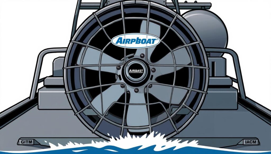 Image of an airboat with a cage prop and manufacturer logo
