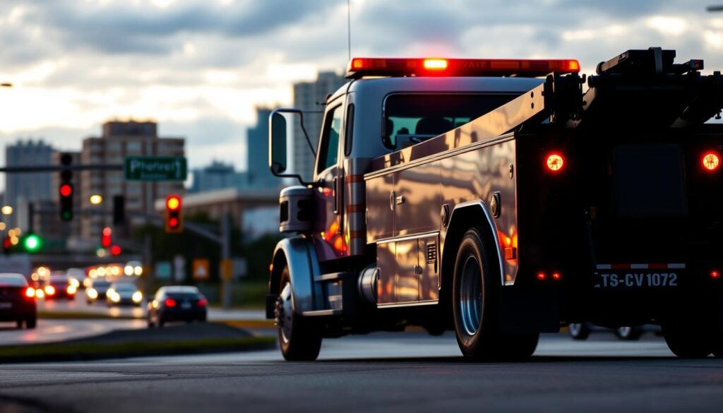 Tow truck against a cityscape backdrop, its bold colors and sturdy design conveying a sense of reliable, state-mandated insurance coverage. The truck's silhouette stands out in the foreground, its flashing lights and chrome accents reflecting the warm evening light. In the middle ground, a busy intersection with traffic signals and buildings, suggesting the varied environments where tow trucks operate. The background features a cloudy sky with hints of an urban skyline, emphasizing the significance of tow truck insurance in the broader context of transportation and infrastructure. The overall scene exudes a professional, authoritative atmosphere, befitting the subject matter.